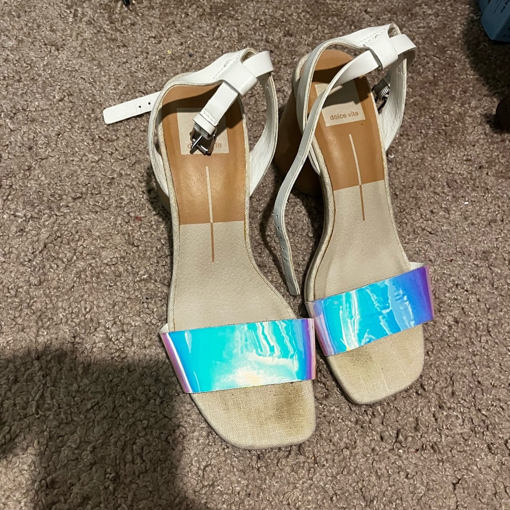 Dolce Vita White and Blue Sandals with Iridescent Strap